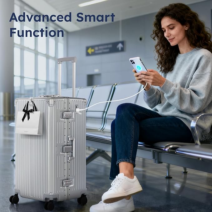 ALPHA CAMP Trunk Luggage, Large 28 Inch Thickened Aluminum Frame Luggage with TSA Spinner Wheels, 3-Layer PC Hardside Zipperless Travel Suitcase, Type-C USB Charging Port, Cup Holder,Sliver