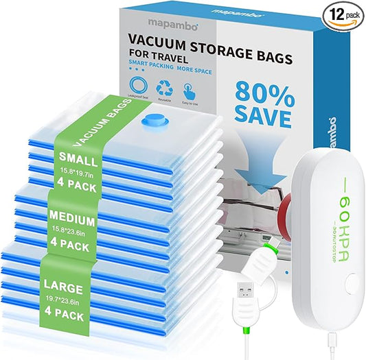 12 Pack Vacuum Seal Bags for Clothing Travel with -60000Pa USB Pump, Save 80% of Space for Clothes (12 Combo)