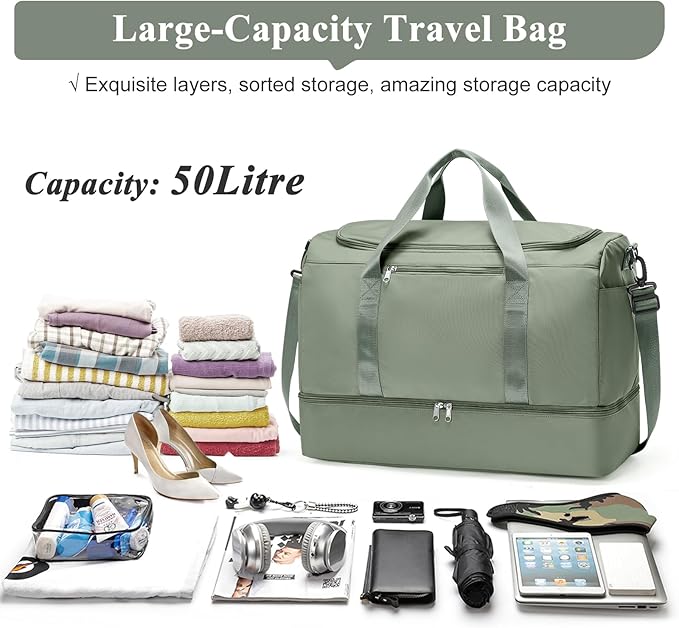 Large Travel Duffle Bag,Carry on Overnight Weekend Bag with Shoes Compartment,Weekender Bags for Women for Travel Business Trips Sport Hospital,Olive Green