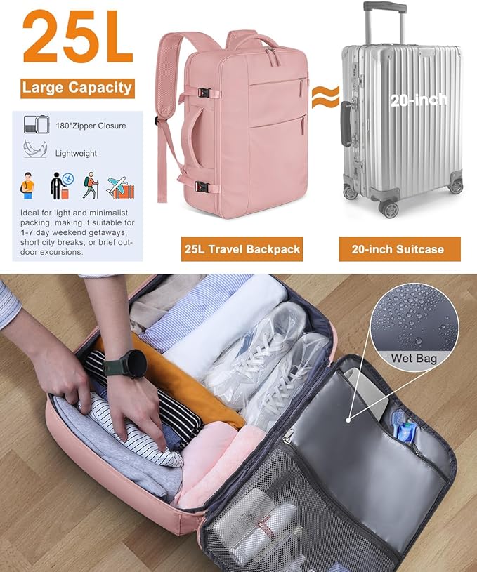 Capolo Travel Backpack for Women Men Waterproof Laptop Backpack Airlines Approved Carry On Backpack Bag Computer Bookbag for Business, Work, Traveling Fits 17 Inch Laptop(Pink)