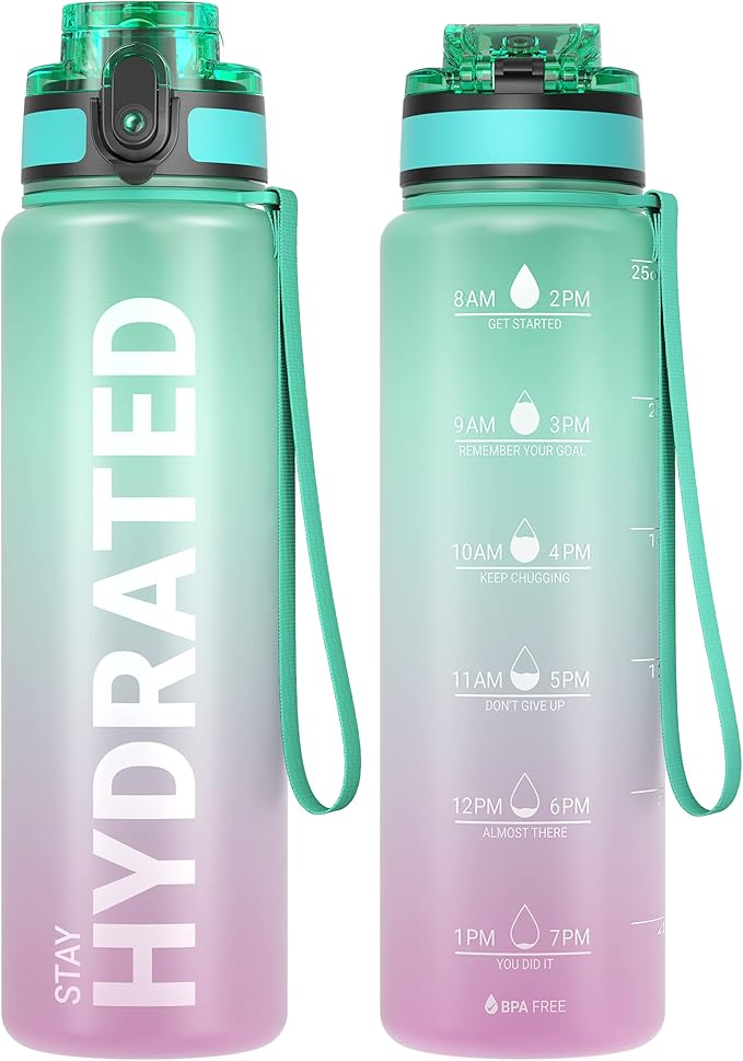Sahara Sailor Water Bottle, 32/25/17oz Durable and Leakproof Water Bottles Motivational with Time Marker, Tritan, BPA Free, Wide Mouth with Easy Clean Brush for Gym, Travel, School, Office (1 Bottle)