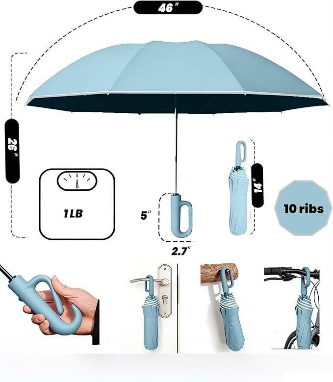 SIEPASA Travel Umbrella with Carabiner Handle - Windproof 10 Ribs Auto Open/Close for Rain & Sun Protection, Compact Portable Clip-on Backpack Design with Safety Reflective Strip.