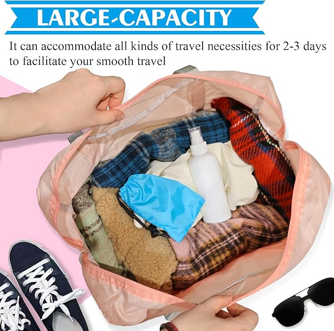 Foldable Travel Duffel Bag Tote Carry on Luggage Bag Spirit Airlines Personal item Sports Gym Bag Water Resistant Weekender Overnight Bags for Women and Men (Pink)