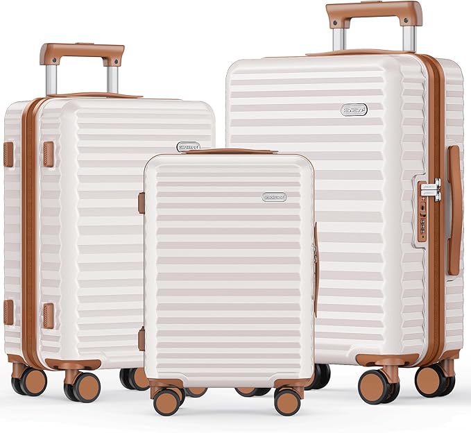 SHOWKOO Luggage Sets 3 Piece Hardside Expandable Suitcase with Double Spinner Wheels Tsa Lock Beige White (20in/24in/28)