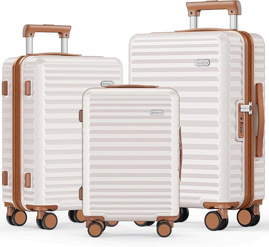 SHOWKOO Luggage Sets 3 Piece Hardside Expandable Suitcase with Double Spinner Wheels Tsa Lock Beige White (20in/24in/28)