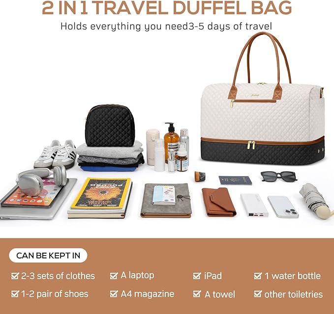 Travel Weekender Duffle Bags for Women - Duffel Bag with Shoe Compartment Carry On Overnight Bag with Toiletry Bag with Wet Pocket for Gym Hospital Bags for Labor and Delivery Black White Brown