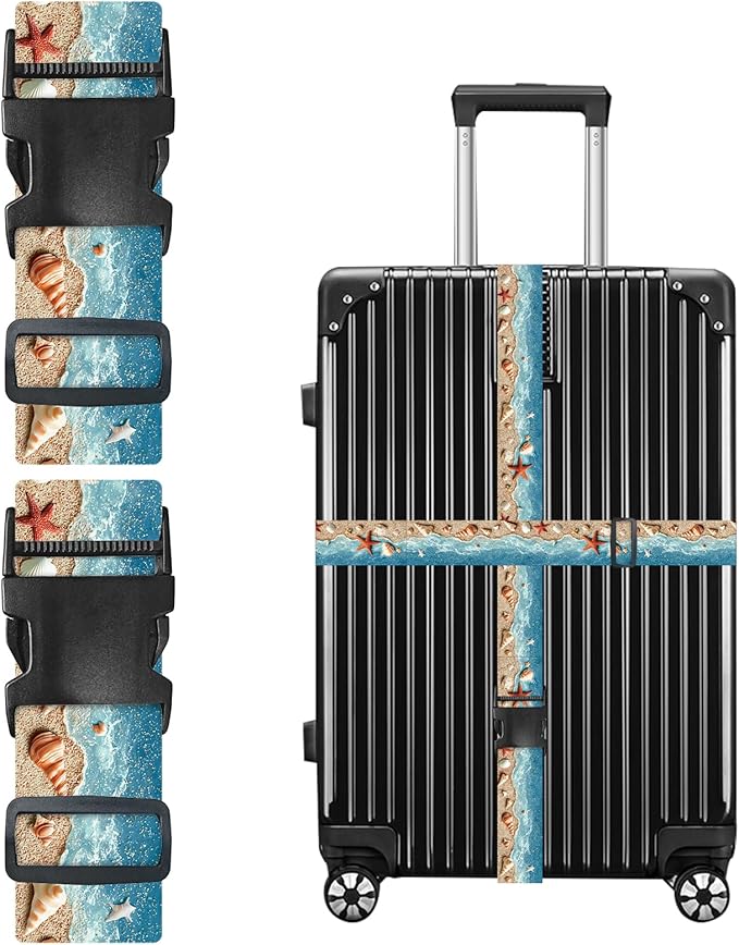Nuxovilar Luggage Straps of 2 Set Beach Shells Starfish Pattern, 1.96x90.5 inches - Luggage Straps for Suitcases, Perfect for Beach Trips, Summer Travel, Vacations