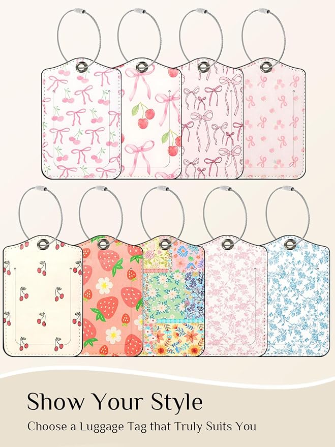 Seorsok 2Pcs Luggage Travel Tags for Suitcases,Elegant Sage Pink Floral PU Leather Name Tag with Privacy Cover&ID Label Address Card and Durable Metal Ring Suitable for Men Women Handbags Backpack