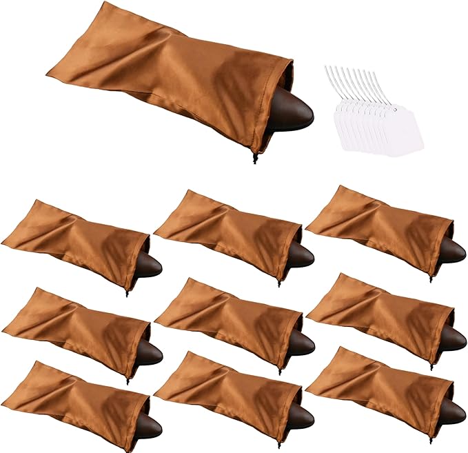 GONGKANGYUAN 10 Pack Shoe Bags for Travel Satin Fabric Shoe Bag with Drawstring for Men Women Travel Protecting Storing Shoes (Brown)