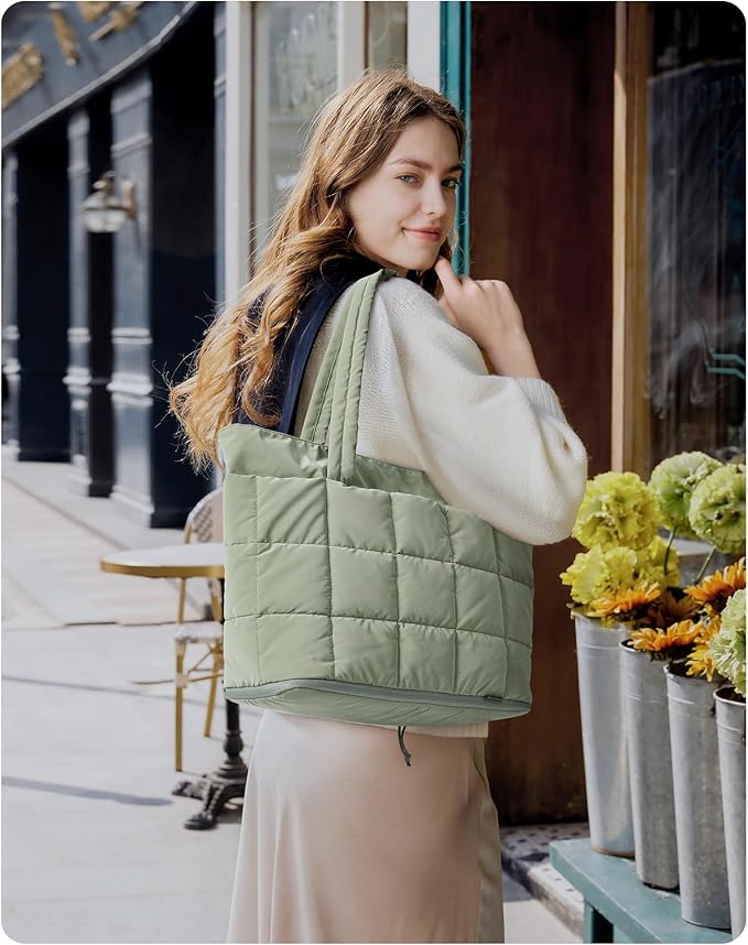 BAGSMART Expandable Tote Bag for Women, Puffer Work Tote Handbag, Quilted Carry On Bag for Travel Gym