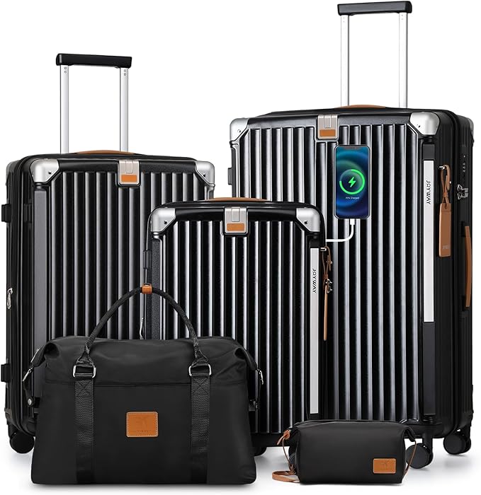 Joyway 5 Piece Luggage Set with Cup Holder, Expandable 25% Capacity, Includes Handbag, Anti Slip Wheels, Hook, Smart Carry On Suitcase for Men and Women, Spinner Travel Black