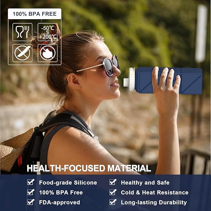 Collapsible Water Bottles 20.6oz 2 Pack, Silicone Foldable Portable Water Bottle, BPA-Free, Leakproof Reusable for Travel Camping Hiking Cycling Yoga Sports Outdoor (Blue+DarkBlue)