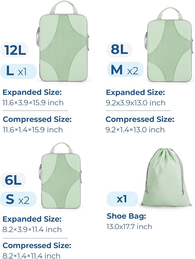 BAGSMART Compression Packing Cubes for Travel, Compressible Luggage Organizer for Cruise Ship, Lightweight Travel Essentials 6-Pack 1L+2M+2S+1Shoe Bag