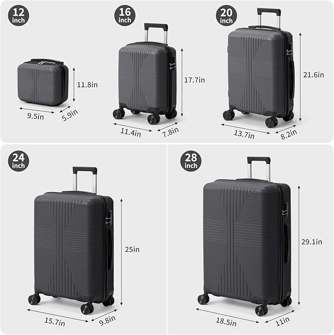 Karl home Luggage Sets 4 Piece, PP Hard Case Suitcase Set with Built-in Lock Spinner Wheels, Lightweight Durable Carry on Luggage for Business Travel - Dark Grey (16/20/24/28")