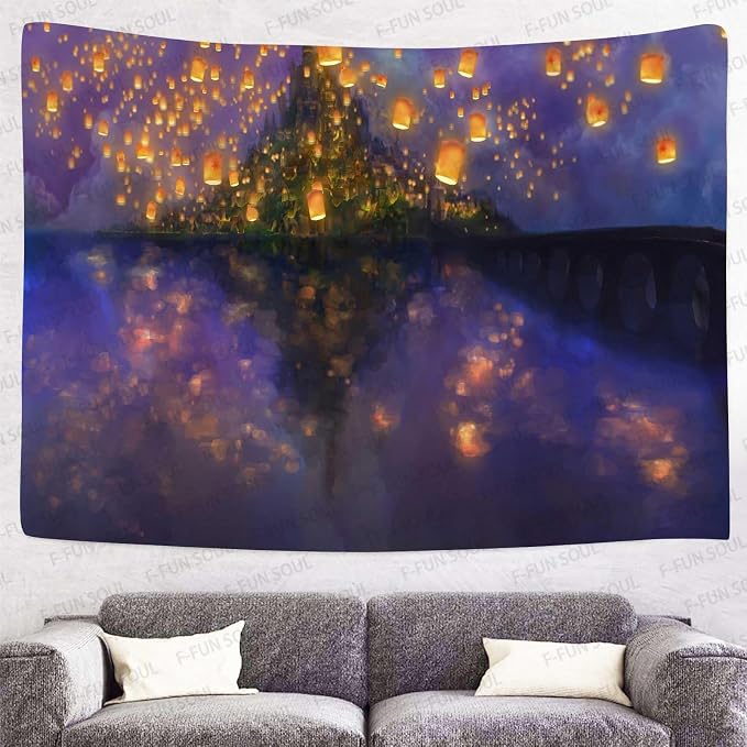 F-FUN SOUL Night Castle Tapestry, 60x51inchs Soft Flannel, Cartoon Castle lantern Fuzzy Pattern Wall Hanging Tapestries for Bedroom Living Room Decor GTOKFS0774