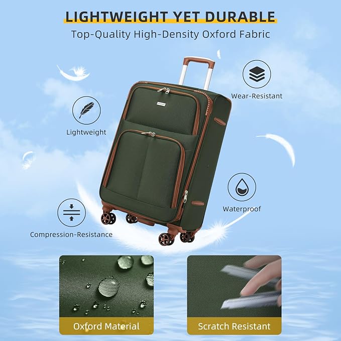 LARVENDER Luggage Sets 5 Piece Softside Expandable Suitcases Set with Spinner Wheels TSA Lock, Lightweight Soft Shell Rolling Travel Luggage Set Clearance for Men and Women, Green Brown