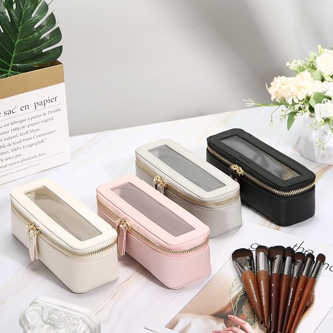Aveniee Clear Makeup Brush Bag, Slim Cosmetic Brush Holder, Small Travel Toiletry Bag for Women, Thin Make up Bags with Dual Zipper, Mini Travel Essentials Organizer - Taupe