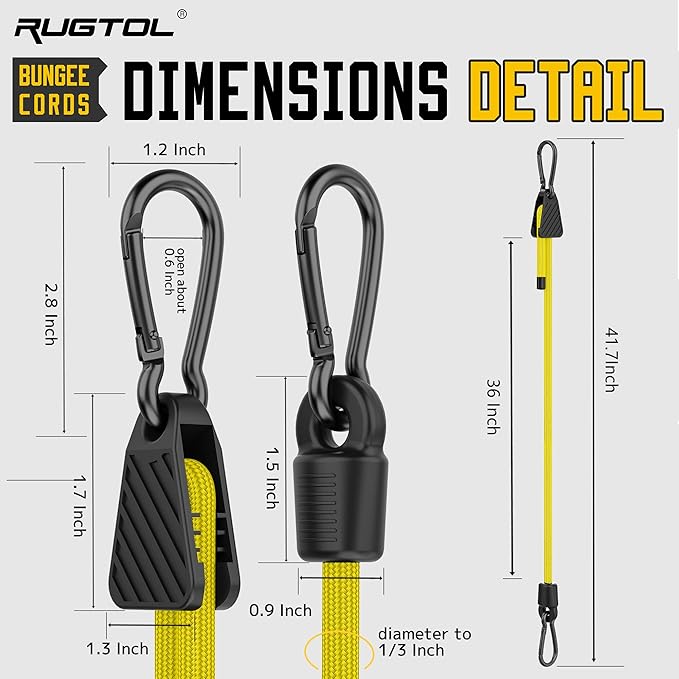 Bungee Cords with Hooks, 36 Inch Adjustable Yellow Bungee Cords with Carabiner Heavy Duty Outdoor, 8mm Thick Easy to Adjust Bungee Rope UV Resistant for Tarp, Bike Rack, Garden, Binding, 6 Pack
