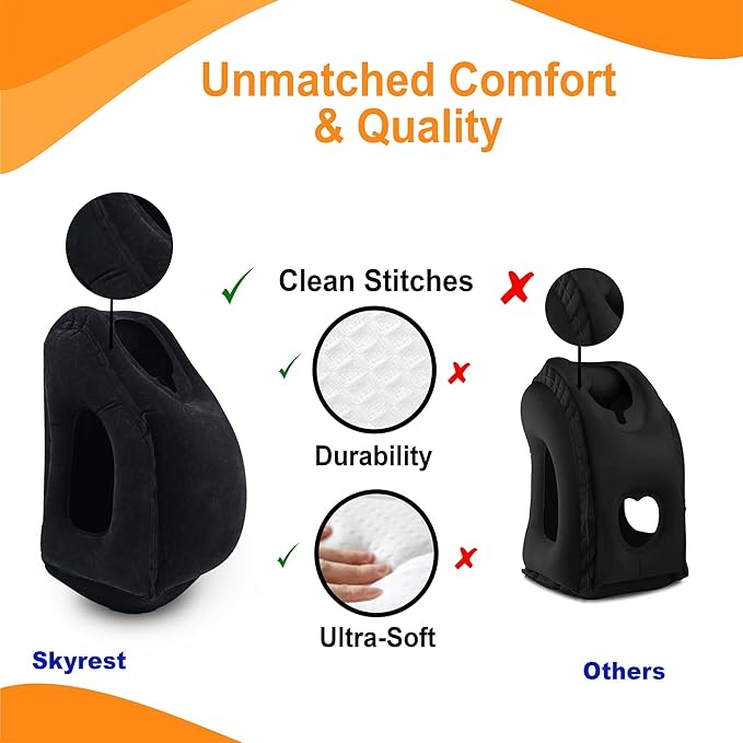 Skyrest®️ Inflatable Travel Pillow for Buses, Comfortably Support Head, Air Pillow for Sleeping to Avoid Neck, Lumbar and Shoulder Pain, Pillows for Airplanes Buses Cars Office (Black)