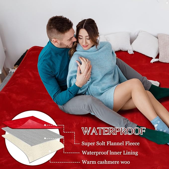 Waterproof Blanket and Stain Proof, Queen Size 80'' x 60'' Double Side Leakproof Reversible Sherpa Flannel Fleece 3 Layer Lightweight Red Blanket, Absorbs 50oz