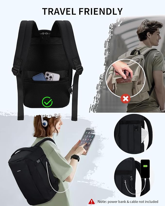 ECOHUB 40L Carry-On Travel Backpack, TSA-Friendly, Anti-Theft Water-Resistant Lightweight with 17.3″ Laptop Compartment, Durable PFAS-Free Rucksack, Black