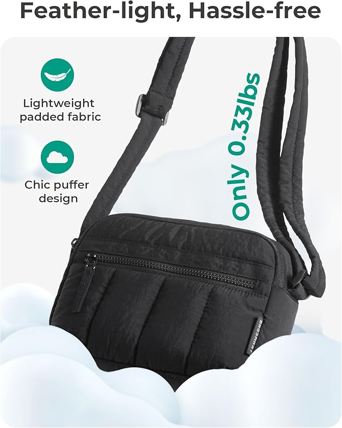 BAGSMART Cross Body Purse, Mini Crossbody Bags for Women Travel Purse, Puffy Shoulder Handbag Wallet with RFID Blocking Slots, Black-small