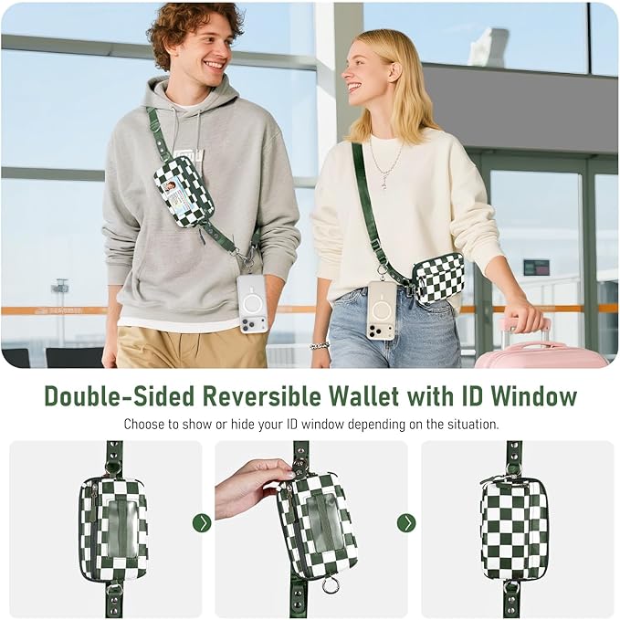 Tiostep Clip and Go Strap for Phone with Wallet Crossbody Phone Lanyard and Detachable Checkered Bag with ID Window and RFID Pouch for Daily Travel.