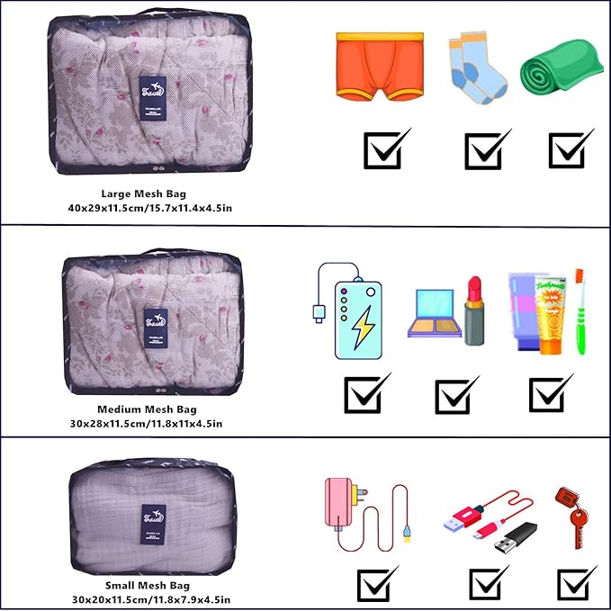 6 PCS Travel Suitcase Organizer Bags, Travel Organizer Packing Cubes Set Laundry Bags, Travel Clothes Storage Bag, Packing Organizer Compression Pouches for Traveller(Navy Blue Feather)