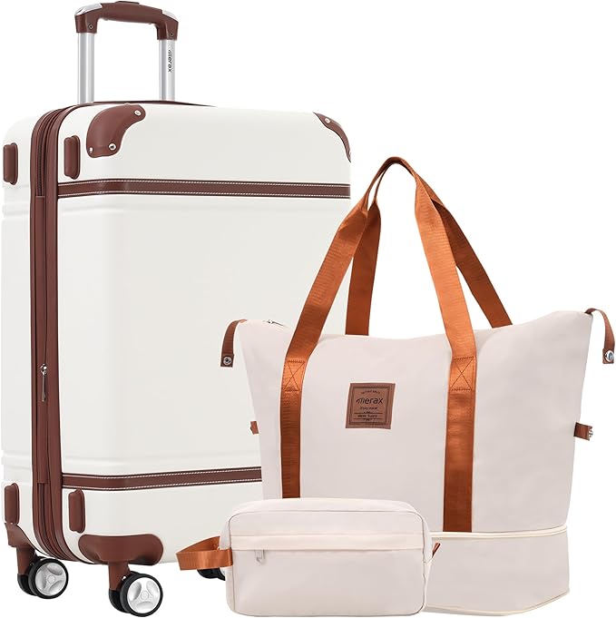 Merax 28 Inch Checked Luggage, Expandable Suitcase with Spinner Wheels, Hard Shell Vintage Luggage Set with TSA Lock(White)