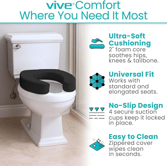 Vive Toilet Seat Cushion (Soft Cushioned Foam) - Easy Clean Padded Bathroom Attachment - Elongated, Standard Seats - Comfort and Support Donut for Handicap, Adults (2" Cushioned Foam, Black)