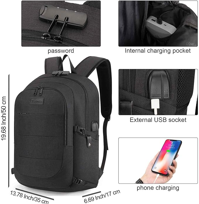 Tzowla Travel Laptop Backpack Water Resistant Anti-Theft Bag with Giant Tumbler Holder Pocket and Lock 17.3 Inch Computer Business Backpacks for Women Men Work College Gift,Casual Daypack(Black)