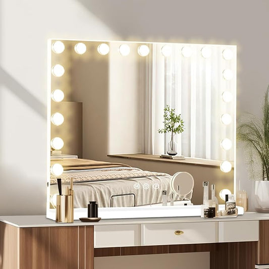 Moonee Vanity Mirror with Lights, Hollywood Lighted Makeup Mirror with 21 Dimmable Bulbs and 10X Magnification, 3 Colors Modes, Aluminum Metal Frame, Light Up Mirror for Tabletop/Wall（40" x 30"）