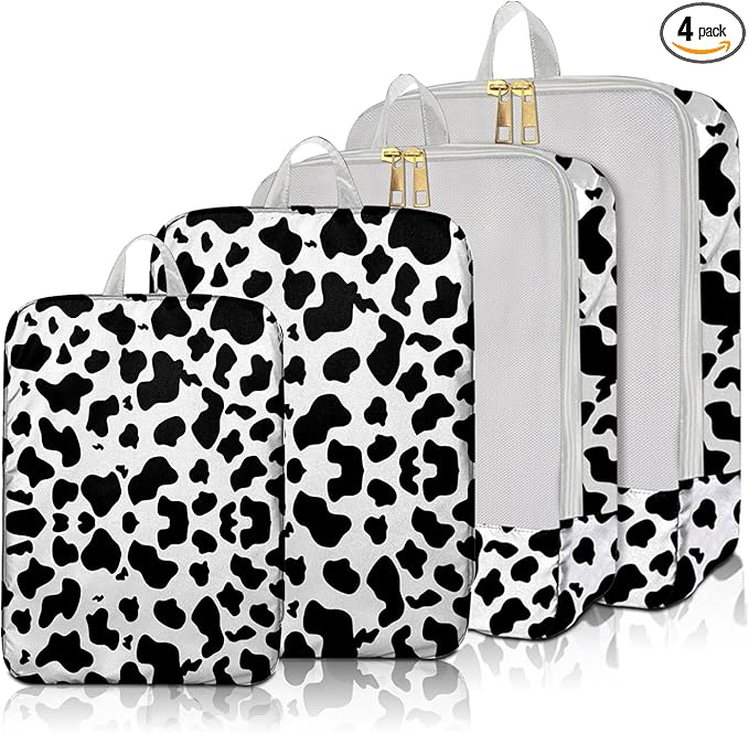 4 Set Packing Cubes Travel Luggage Organizers Compression cubes for Suitcase Travel Accessories for Women Girls Aesthetic Cute-Black White Cow Pattern