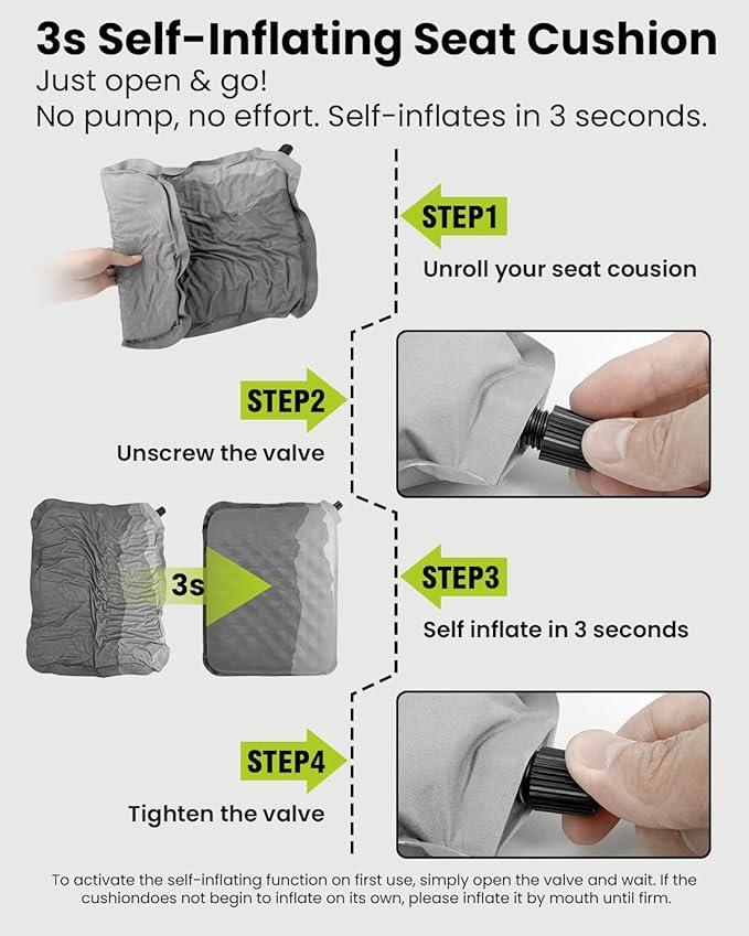 Stadium Seat Cushion Self-Inflating - Portable, Lightweight, Waterproof Inflatable Seat Cushion Foam Pad for Bleacher Seat, Airplane Travel, Car, Office Chair, Sports Events, Outdoor Camping