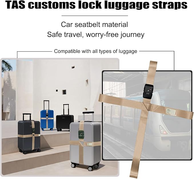 Luggage Straps TAS,Travel Strap with Name tag,Easy to Identify,Luggage Straps TSA Approved with Lock,Combination Luggage Lock with Adjustable Length,Compatible with 20-34 inch Luggage(Khaki 1 Pack)