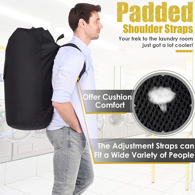 Backpack Laundry Bag, 115L Heavy Duty Extra Large College Laundry Backpack, Dirty Clothes Bag with Shoulder Straps, Laundry Hamper Bag with Drawstring Closure for College Dorm, Apartment Black
