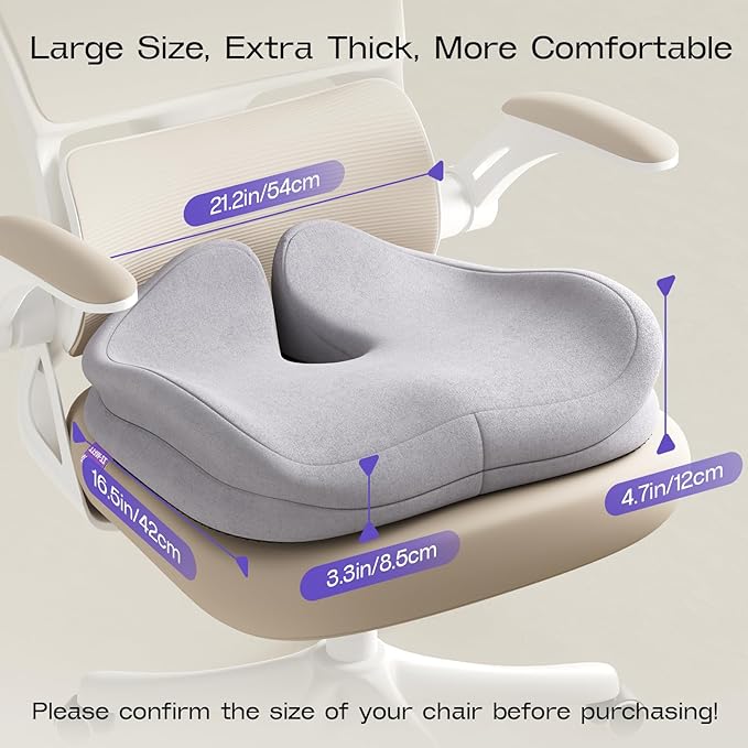 ZZ-WELL Seat Cushions for Office Chairs - Patented Extra Large Seat Cushion 21.2" W x 16.5" L - Memory Foam Seat Cushion for Tailbone Pain Relief, Sitting Pressure Relief (Light Grey)