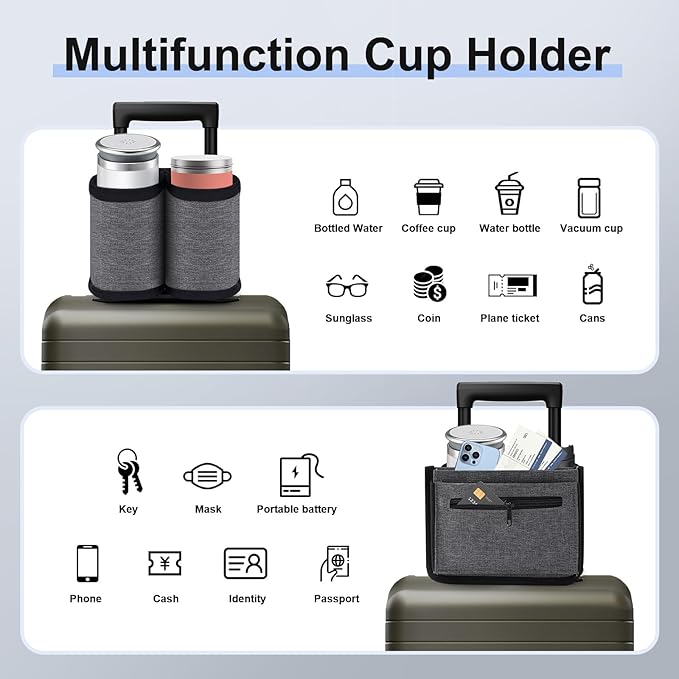 Luggage Cup Holder for Suitcases Free Hands, Travel Accessories, Luggage Cup Caddy Gifts, Beverage Holder, Universal Luggage Accessories for Flight Attendants, Business Travelers (Grey-02)