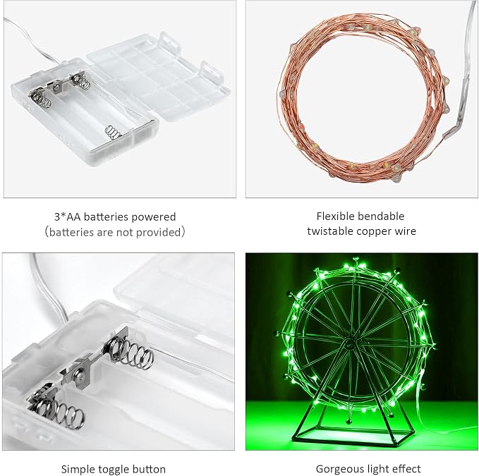 Ariceleo Mini St. Patrick's Day Fairy Lights Battery Operate, 1 Pack Copper Wire 3*AAA Battery Powered Led Starry Fairy String Lights for Bedroom, Christmas, Party, Wedding, Decoration(5m/16ft Green)