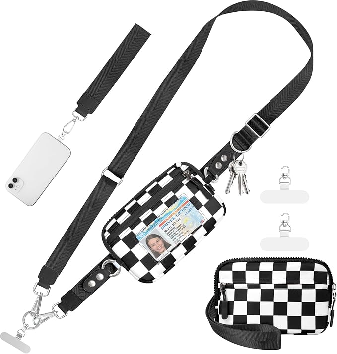 Tiostep Clip and Go Strap for Phone with Wallet Crossbody Phone Lanyard and Detachable Checkered Bag with ID Window and RFID Pouch for Daily Travel.