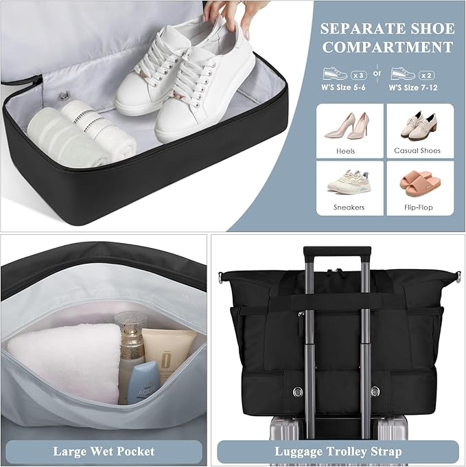ETRONIK Gym Bag for Women, 45L Carry On Travel Duffel Bag with Shoes Compartment, Weekender Overnight Bag with Wet Pocket for Women, Travel, Gym, Weekend, Large Size