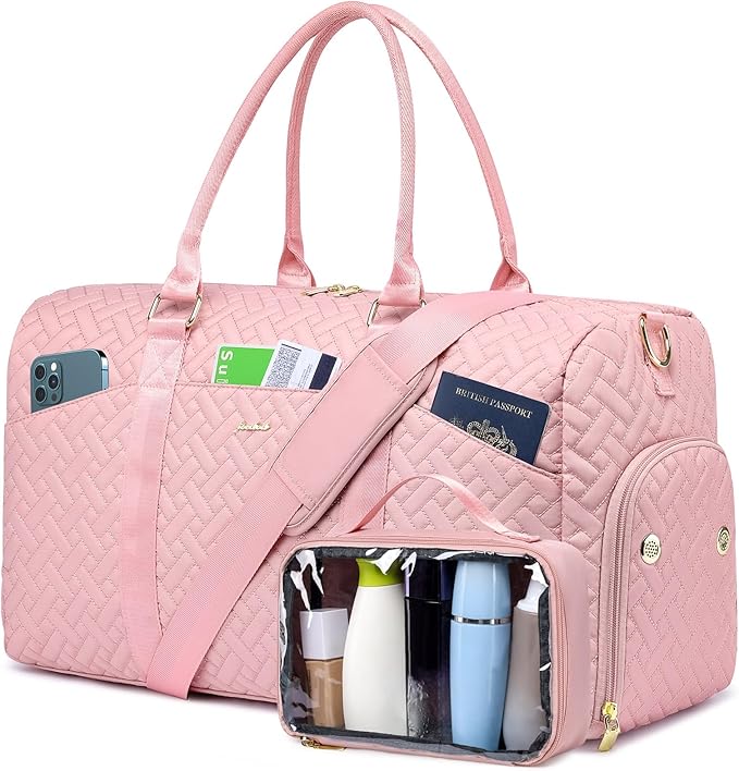 Women Weekender Travel Duffle Bag: Travel Duffel Overnight Bags with Shoe Compartment Large Carry on Tote with Toiletry Bag Weekend Traveling Yoga Gym Hospital Bag for Women with Wet Pocket Pink