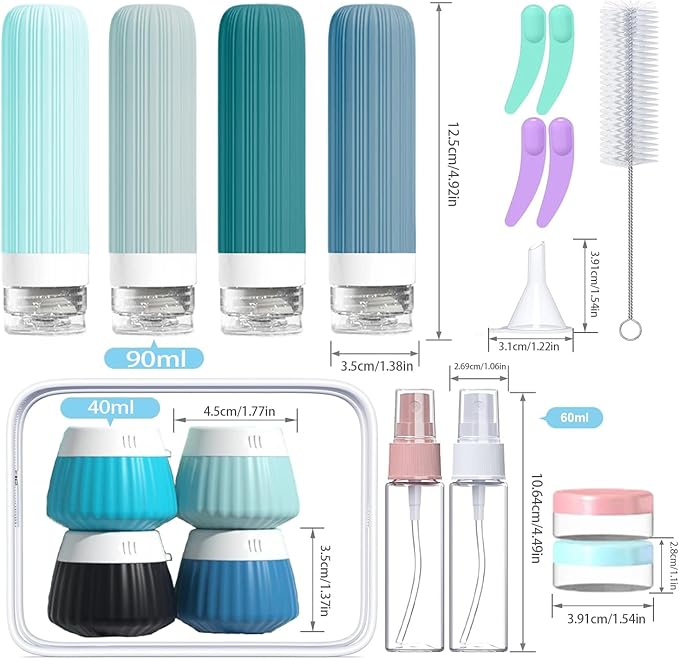 18 Pack Travel Bottles Set, TSA Approved Leak Proof Silicone Squeezable Containers for Toiletries, Refillable Travel Accessories for Conditioner, Shampoo, Lotion & Body Wash Accessories