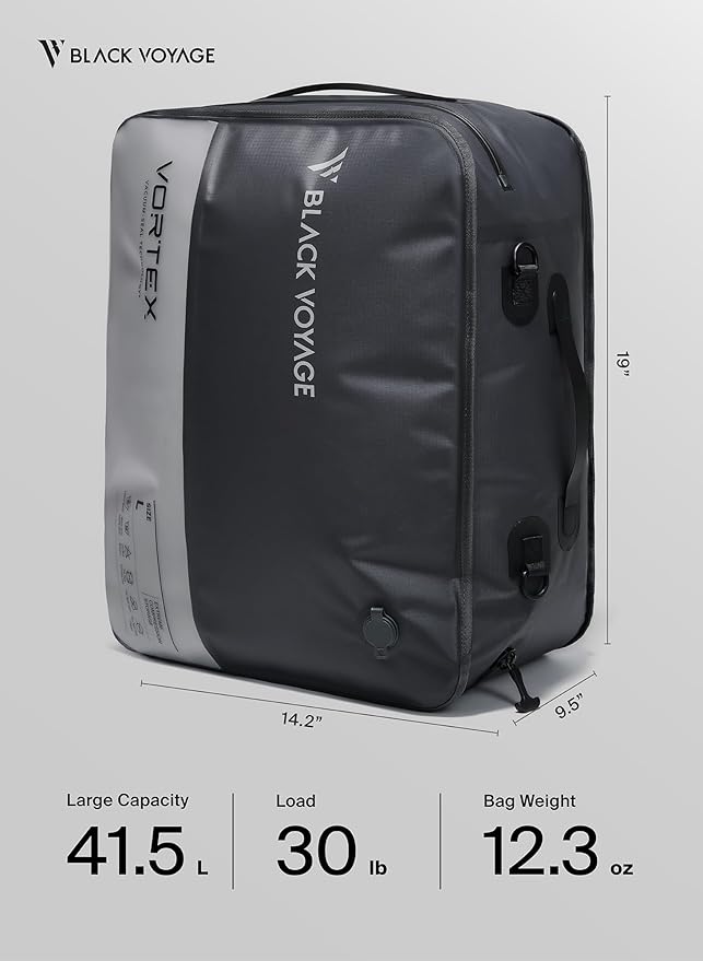 Black Voyage Reusable Vacuum Compression Travel Bag for Carry-On Suitcase and Backpack, Recycled IP67 Waterproof Space Saver Vacpack (1-Pack, 41L - No Pump)