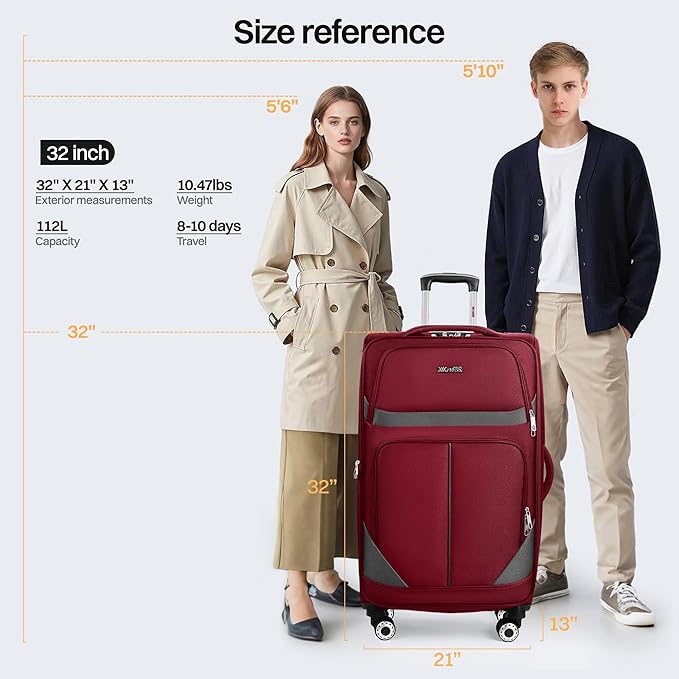 32'' Large Softside Suitcase,Expandable 15% Luggage,with Double Spinner Wheels and LOCK,Lightweight Travel Suitcase for Men/Women（Burgundy-Grey,32in）