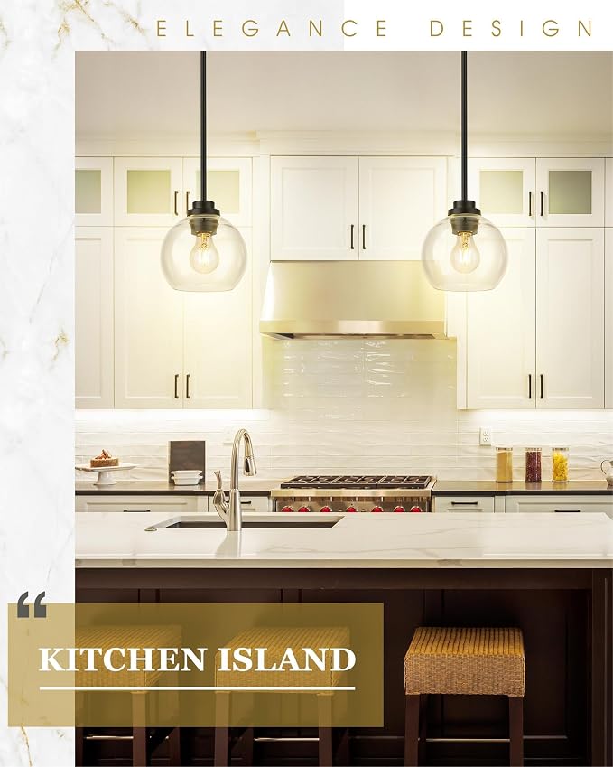 Pendant Lights Kitchen Island, 7" Modern Black Hanging Lights Fixtures with Clear Glass Globe Shade, Kitchen Island Lighting for Bathroom, AD-22280-1P-BK-C