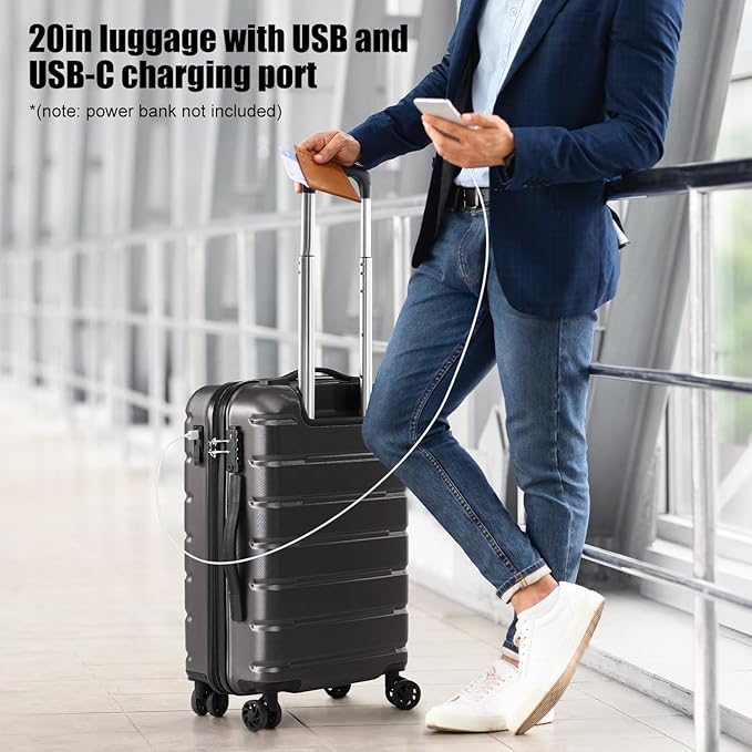 Coolife Luggage Suitcase Carry-on Spinner TSA Lock USB Port Expandable (only 28’’) Lightweight Hardside Luggage (Gray, S(20in_carry on))