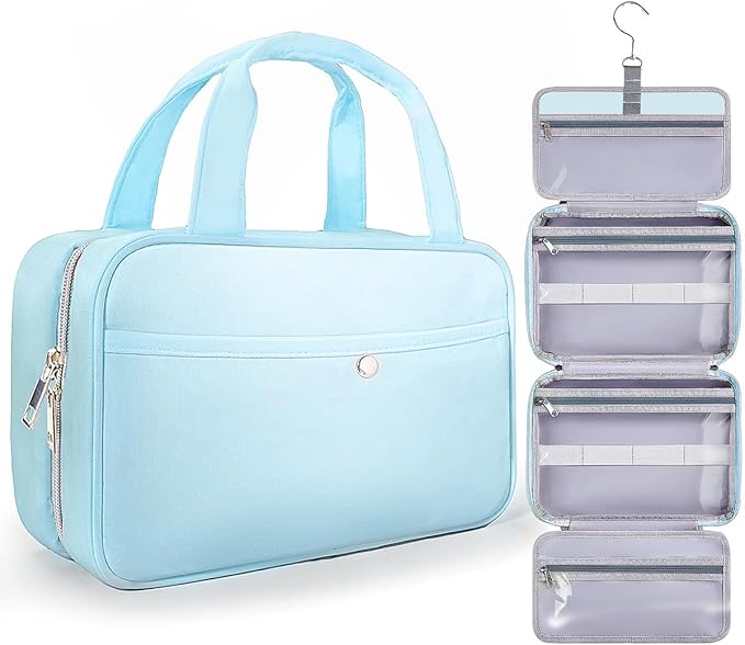Travel Hanging Toiletry Bag for Women - Waterproof Cosmetic Organizer with Clear Window, Lightweight Bathroom Bags for Essentials, Makeup, Shampoo, Toiletries Blue,Medium