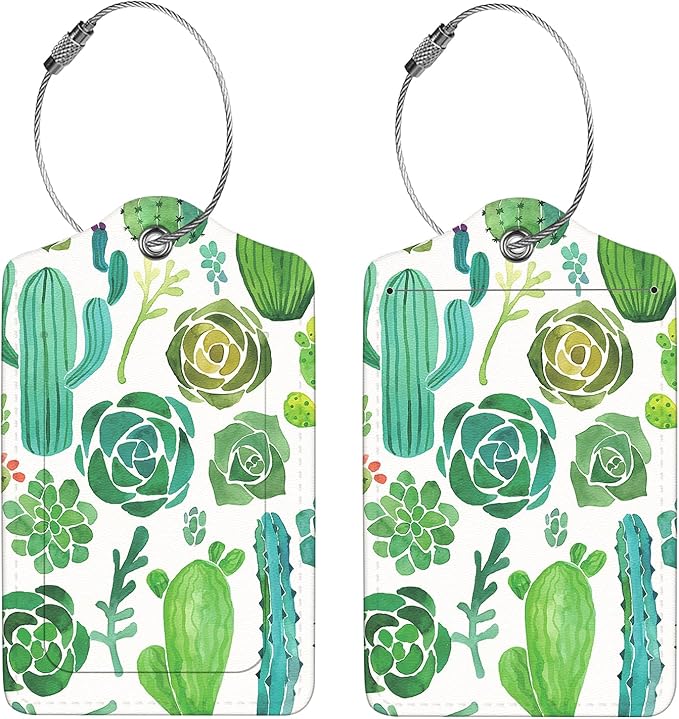 2 Pcs Luggage Tags for Suitcase, Cute Unique PU Leather Travel Bag Tag with Privacy Cover ID Label Address Card and Durable Metal Ring Suitable for Men Women Children Backpack,Cacti