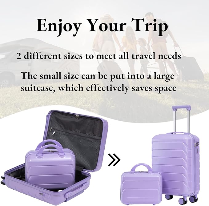 2-Piece ABS Hard Shell Lightweight Carry-On Luggage Set (14" & 20"), 360-Degree Spinner Wheels, Adjustable Telescopic Handle and Combination Lock for Travel, Purple